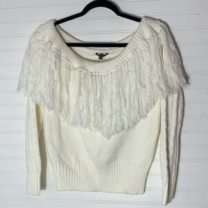 Cream‎ White Fringe Off Shoulder Sweater Knit Pullover Long Sleeve Women's Small